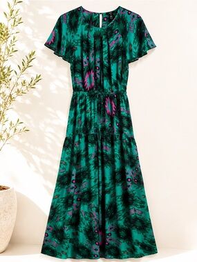 AQUA XL Green Ikat Boho Maxi Dress Flutter Sleeve Adjustable Waist